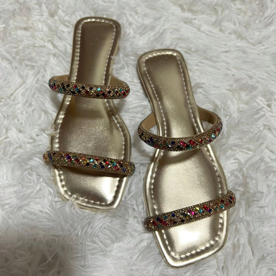 Rasteirinha Feminina Bico Quadrado com Brilhos Moda Luxo Dourada