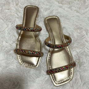 Rasteirinha Feminina Bico Quadrado com Brilhos Moda Luxo Dourada