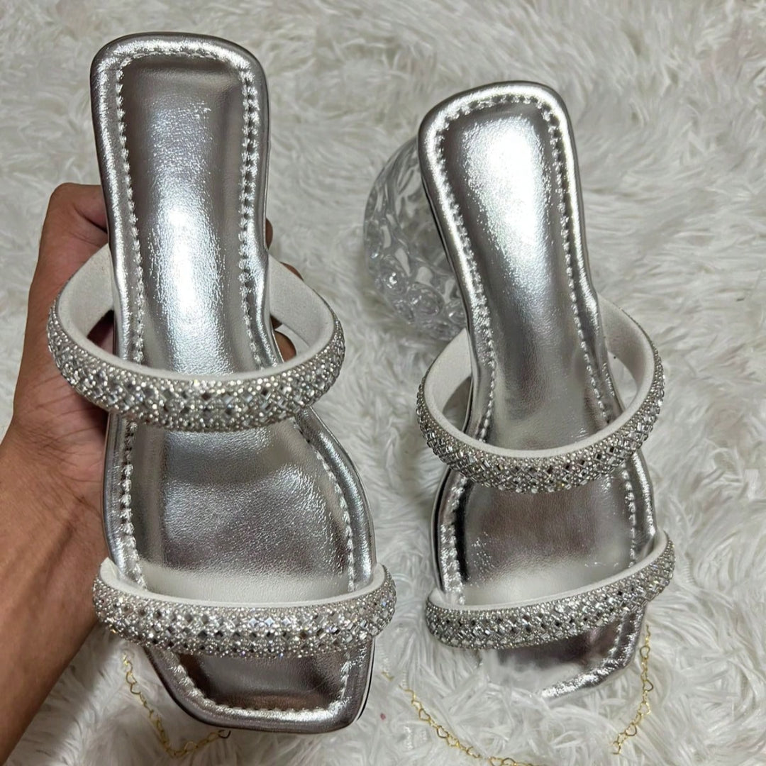 Rasteirinha Feminina Bico Quadrado com Brilhos Prata
