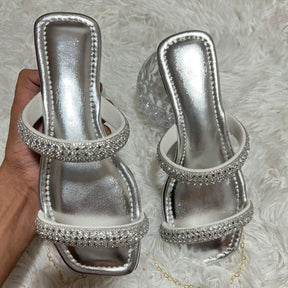 Rasteirinha Feminina Bico Quadrado com Brilhos Prata