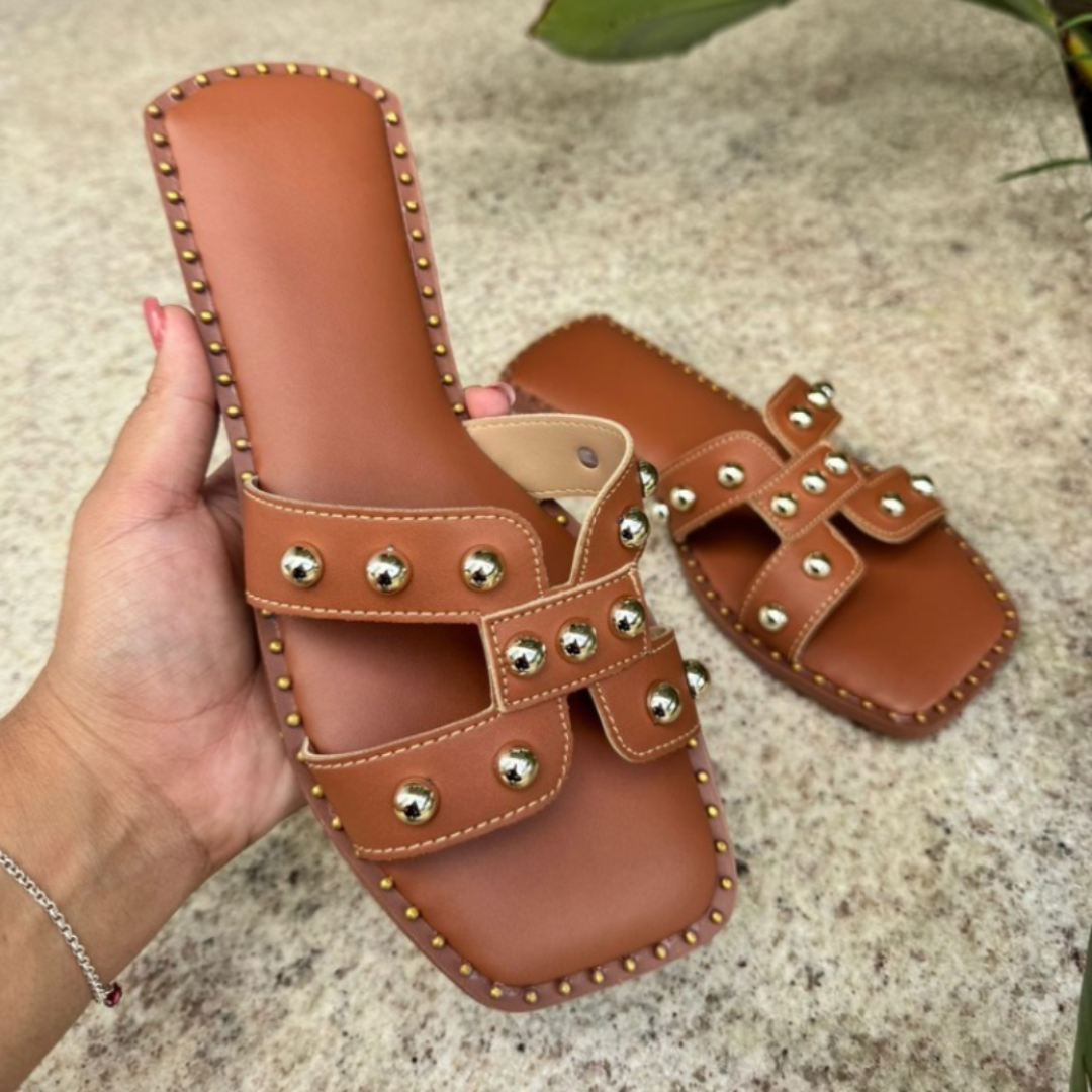Rasteirinha Feminina Modelo H com Bolinhas Minimalista Elegante Marrom