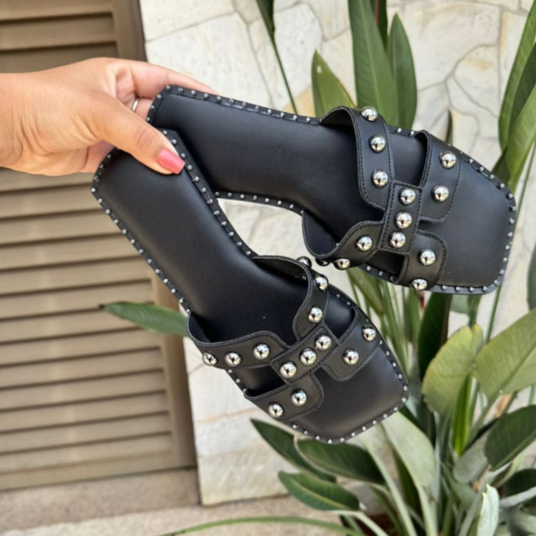 Rasteirinha Feminina Modelo H com Bolinhas Minimalista Elegante Preta