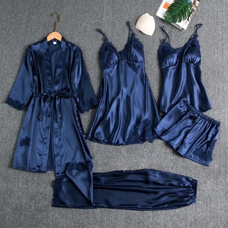 Conjunto de Pijamas e Robe Tecido Macio - 5 Peças