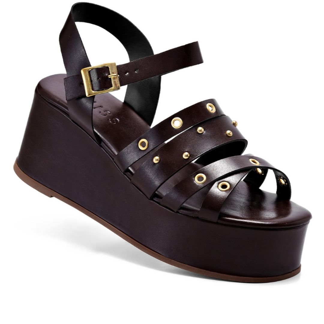 Sandália Feminina Anabela Plataforma Com Ilhós Café