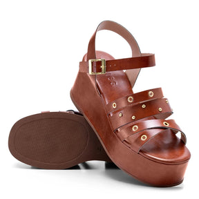 Sandália Feminina Anabela Plataforma Com Ilhós Caramelo