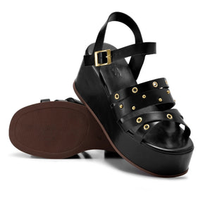 Sandália Feminina Anabela Plataforma Com Ilhós Preta