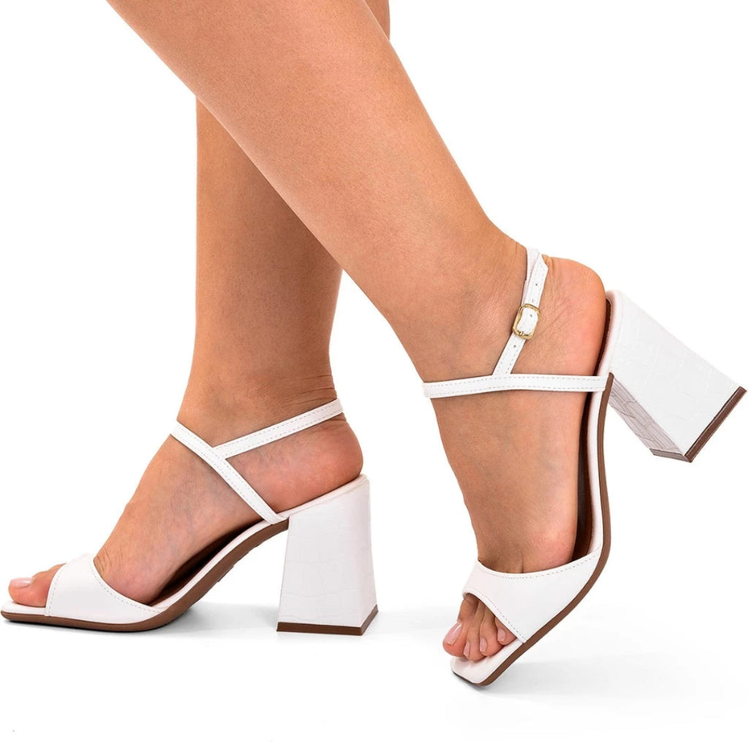 Sandália Feminina Bico Quadrado Salto Alto Bloco Croco com Fivela Branca