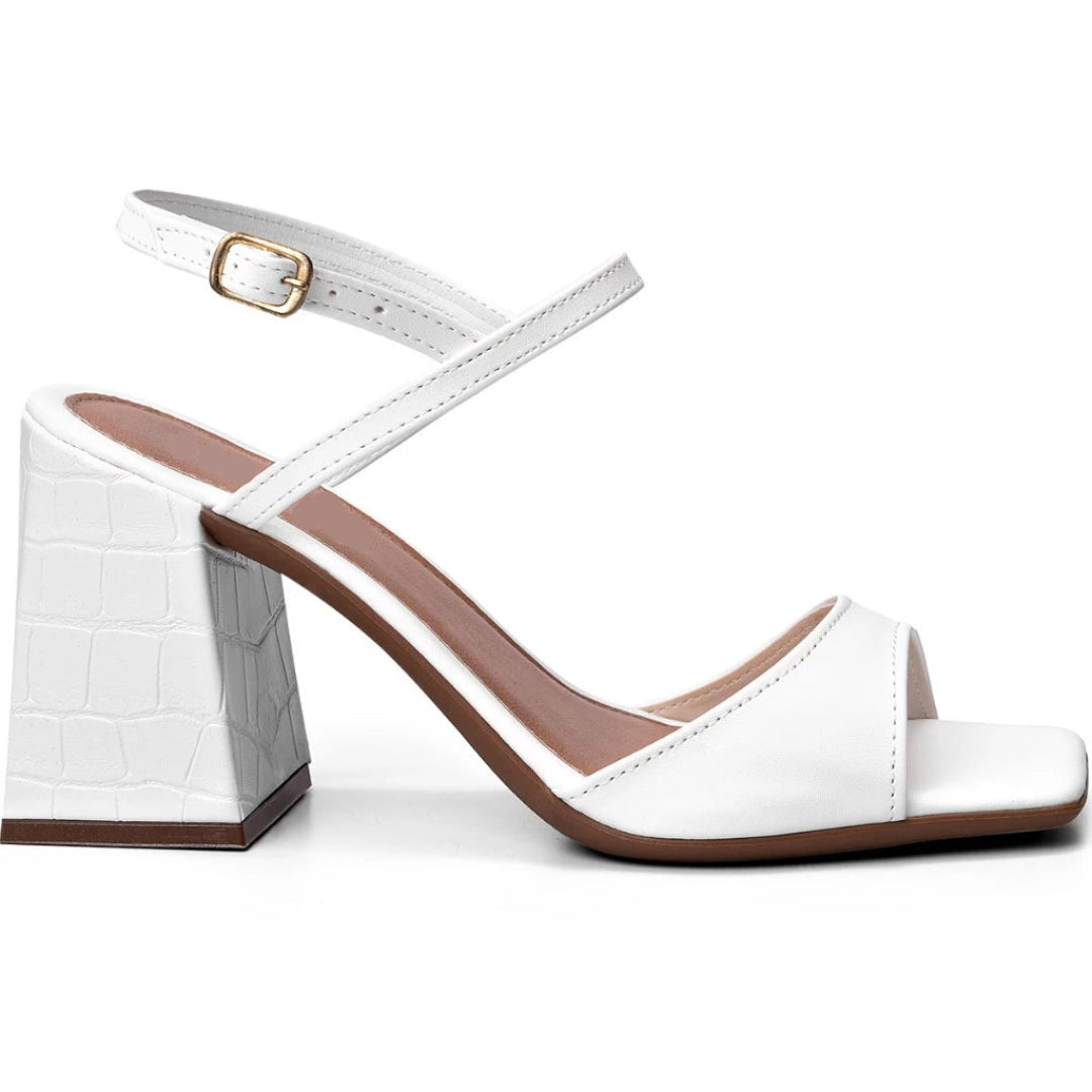 Sandália Feminina Bico Quadrado Salto Alto Bloco Croco com Fivela Branca