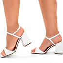 Sandália Feminina Bico Quadrado Salto Alto Bloco Croco com Fivela Branca