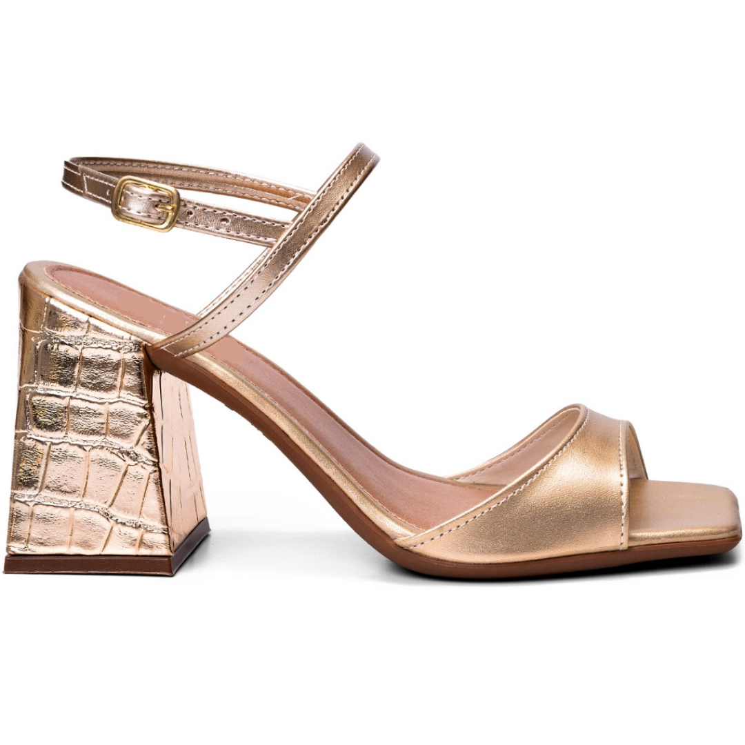 Sandália Feminina Bico Quadrado Salto Alto Bloco Croco com Fivela Dourada