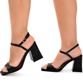 Sandália Feminina Bico Quadrado Salto Alto Bloco Croco com Fivela Preta