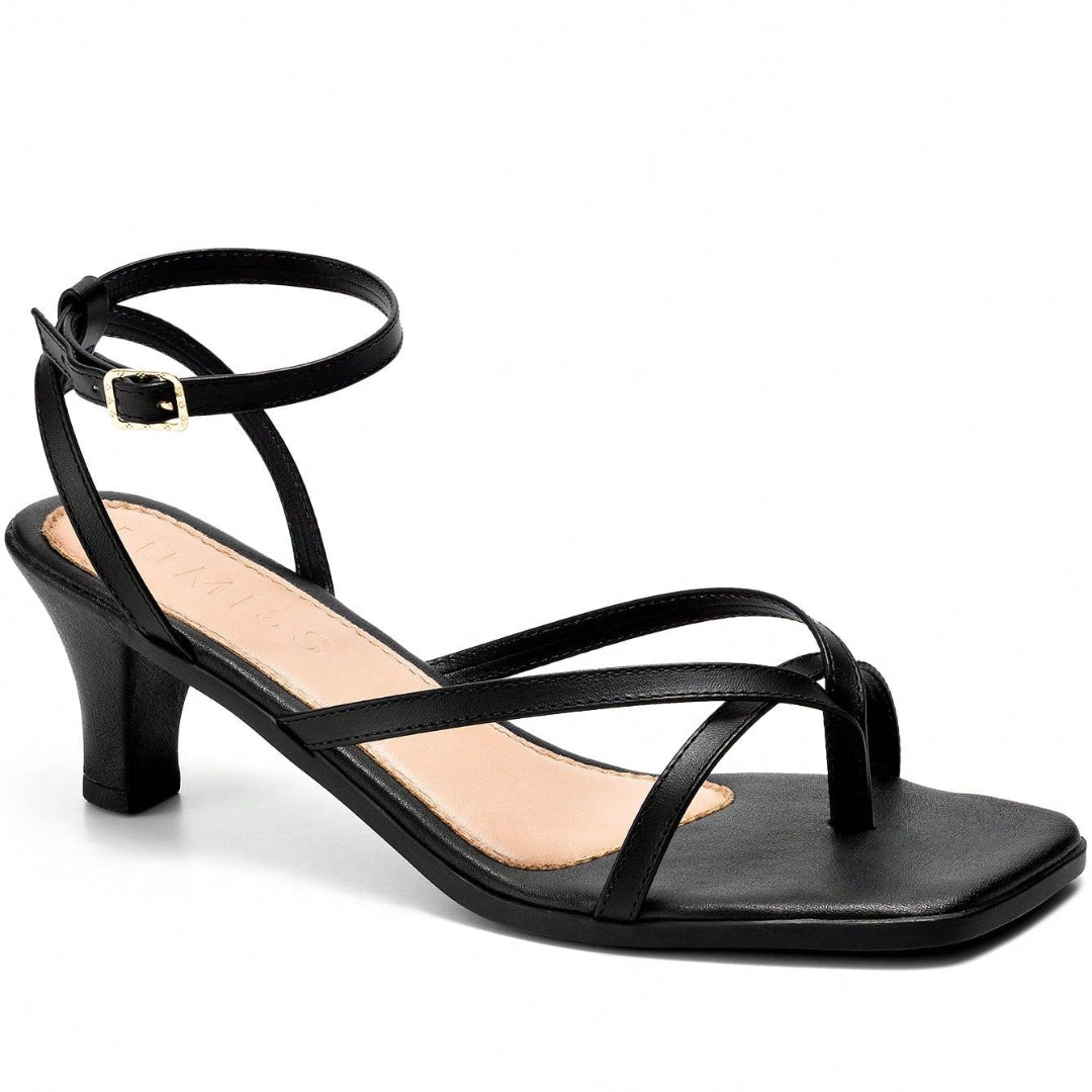 Sandália Feminina Bico Quadrado Salto Fino Baixo com Tiras Clássica e Confortável 