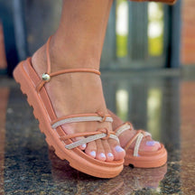 Sandália Feminina Birken com Strass Brilhante Caramelo