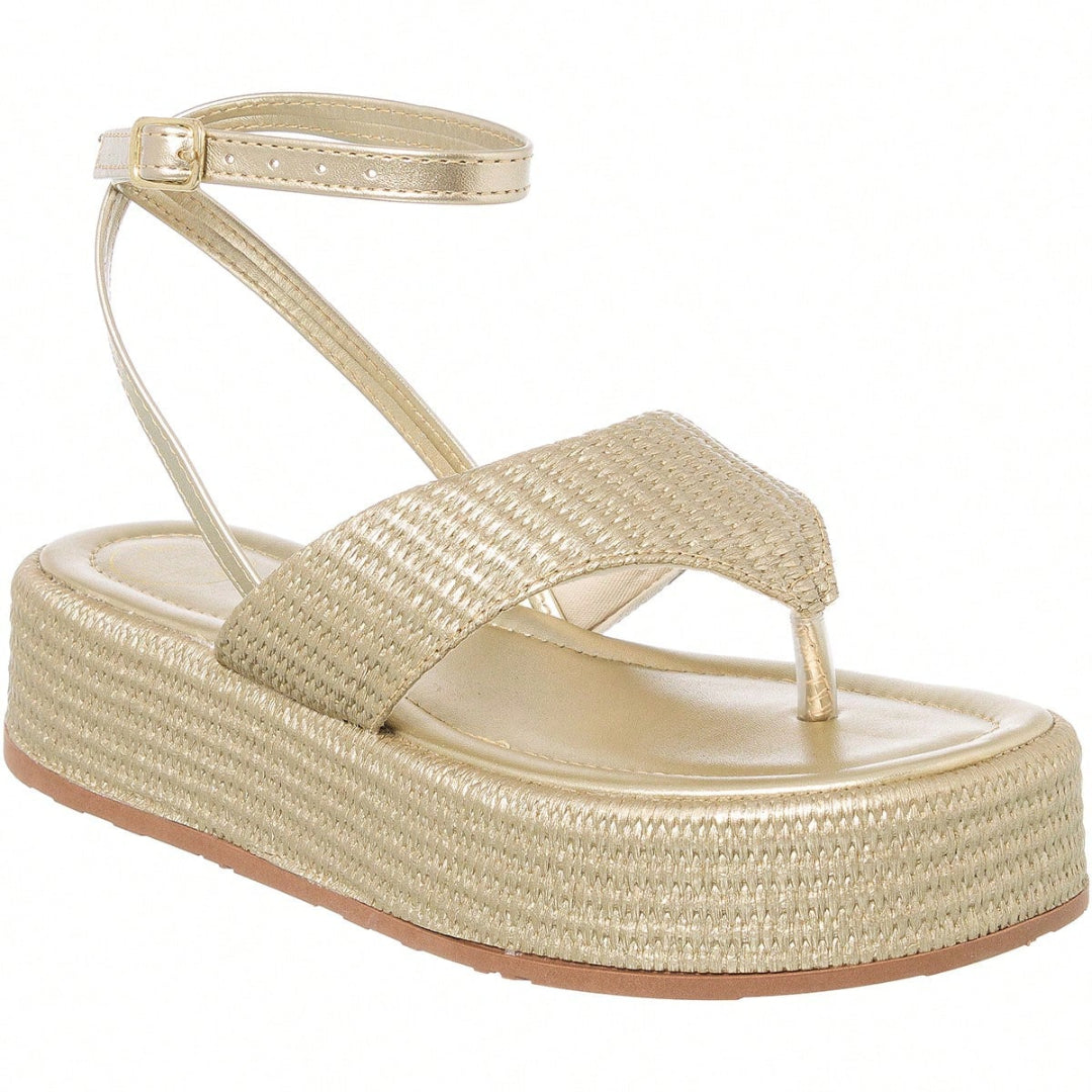 Sandália Feminina Flatform Modelo Amarração no Tornozelo Dourada