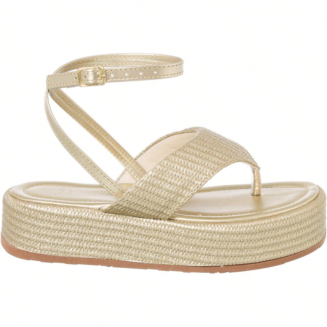 Sandália Feminina Flatform Modelo Amarração no Tornozelo Dourada
