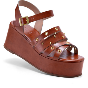 Sandália Feminina Plataforma Anabela Com Ilhós Caramelo