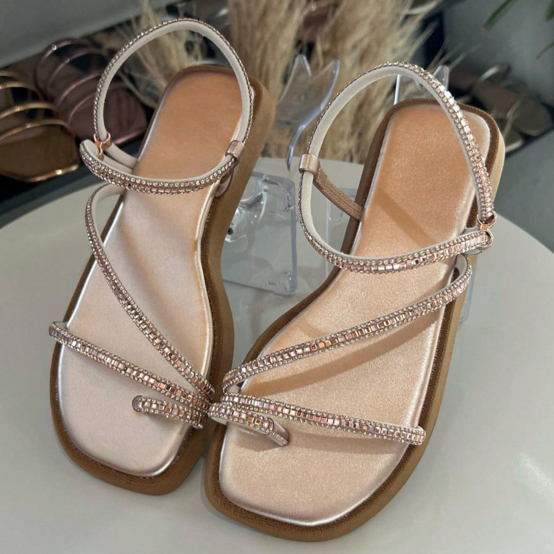 Sandália Feminina Rasteira Sola Macia e Strass Bronze