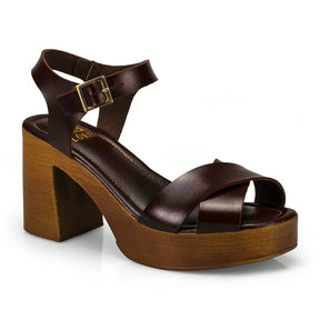 Sandália Feminina Salto Alto Grosso Bloco Estilo Madeira Café