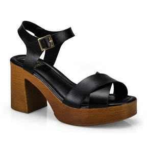 Sandália Feminina Salto Alto Grosso Bloco Estilo Madeira Preta