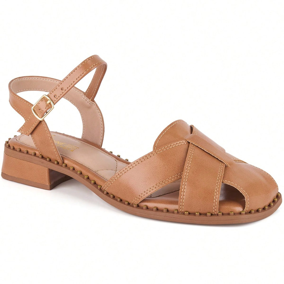 Sandália Feminina Salto Baixo Frente Fechada Vintage Boho Chic Bege
