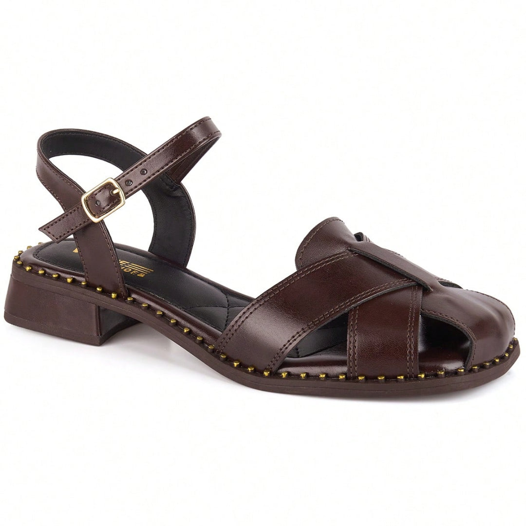 Sandália Feminina Salto Baixo Frente Fechada Vintage Boho Chic Café