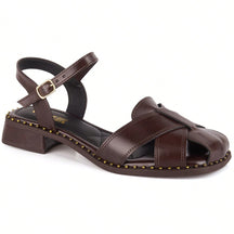 Sandália Feminina Salto Baixo Frente Fechada Vintage Boho Chic Café
