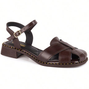 Sandália Feminina Salto Baixo Frente Fechada Vintage Boho Chic Café