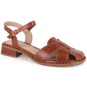 Sandália Feminina Salto Baixo Frente Fechada Vintage Boho Chic Caramelo