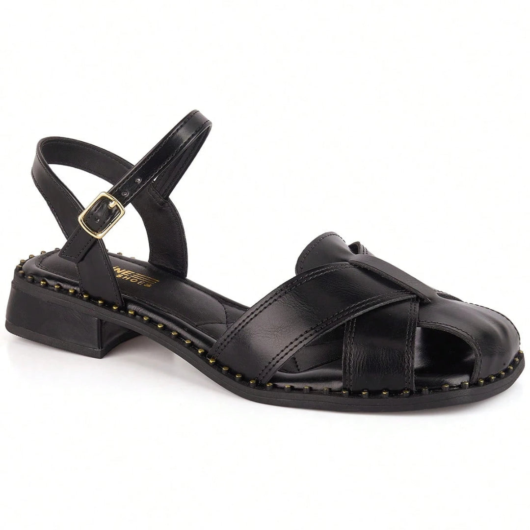 Sandália Feminina Salto Baixo Frente Fechada Vintage Boho Chic Preta