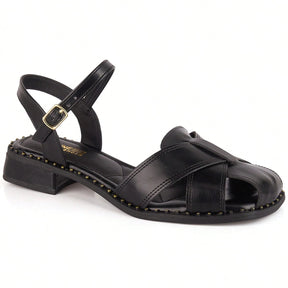 Sandália Feminina Salto Baixo Frente Fechada Vintage Boho Chic Preta