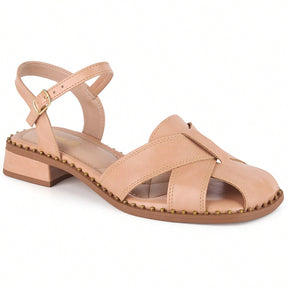 Sandália Feminina Salto Baixo Frente Fechada Vintage Boho Chic Rosê