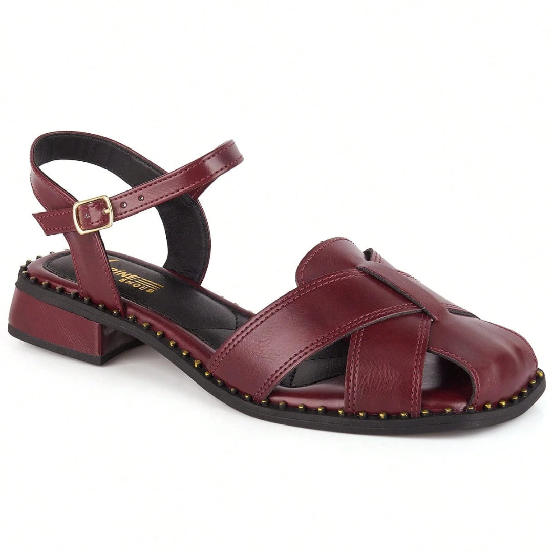 Sandália Feminina Salto Baixo Frente Fechada Vintage Boho Chic Vinho