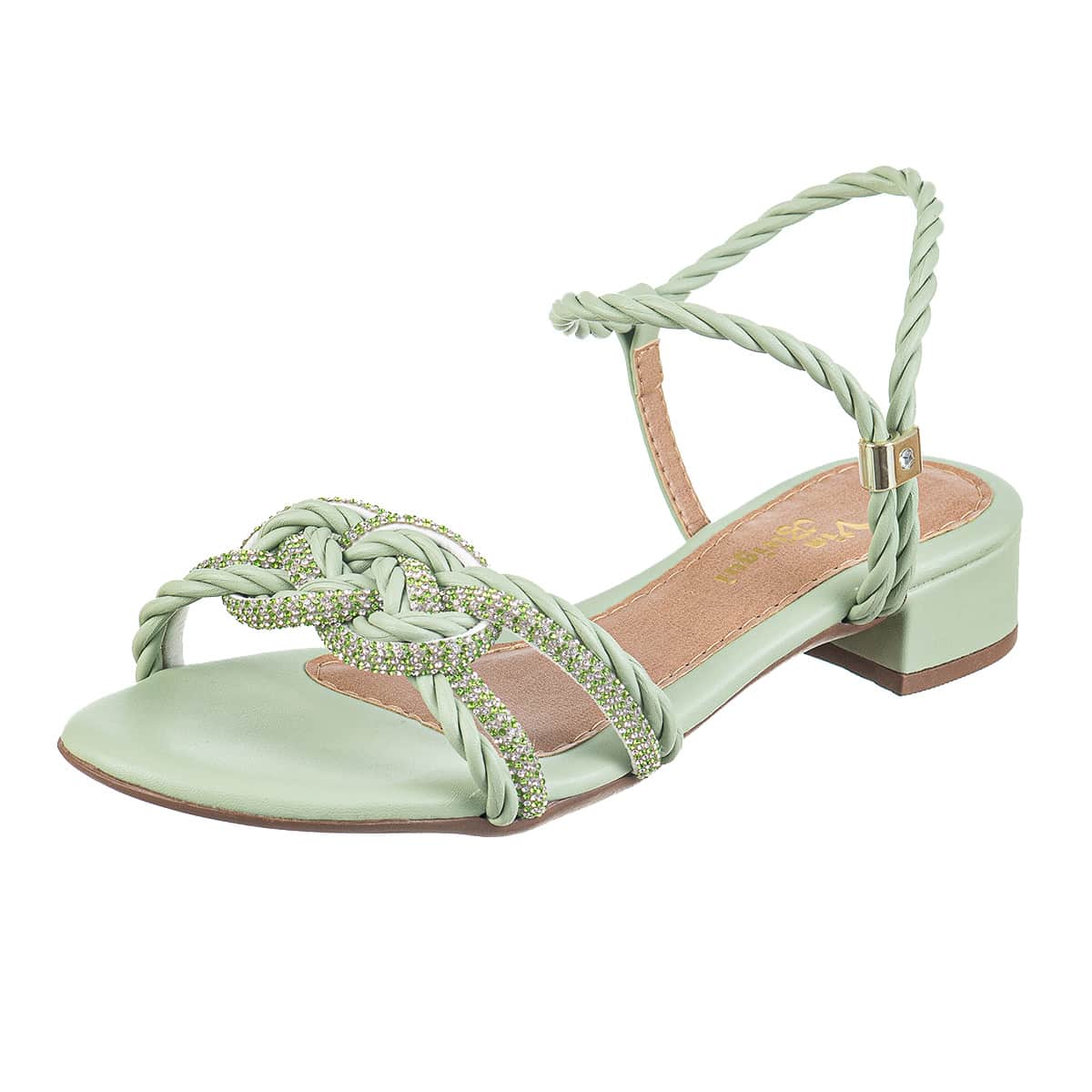 Sandália Feminina Salto Bloco Baixo Trançada com Strass Verde