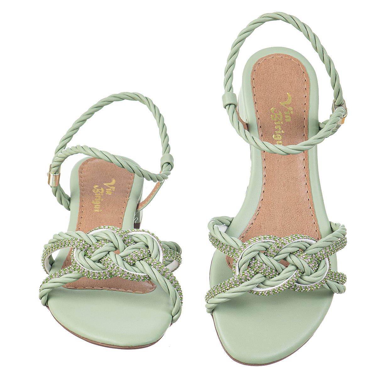 Sandália Feminina Salto Bloco Baixo Trançada com Strass Verde
