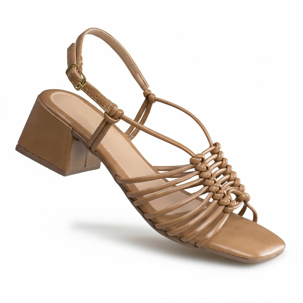 Sandália Feminina Salto Bloco Médio Tiras em Nó e Fivela Bege