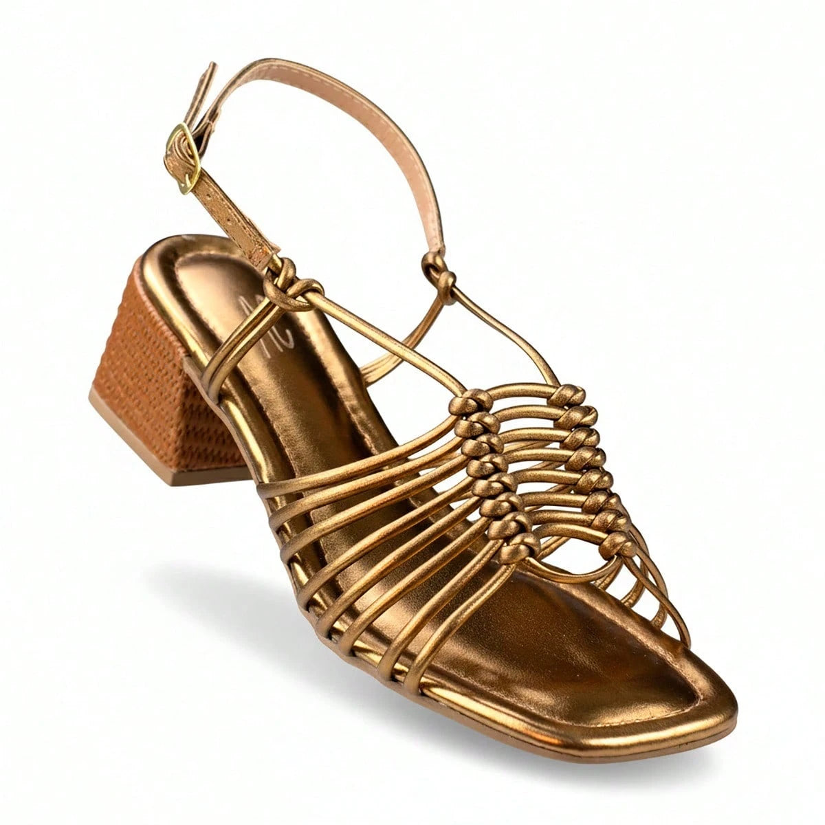 Sandália Feminina Salto Bloco Médio Tiras em Nó e Fivela Bronze