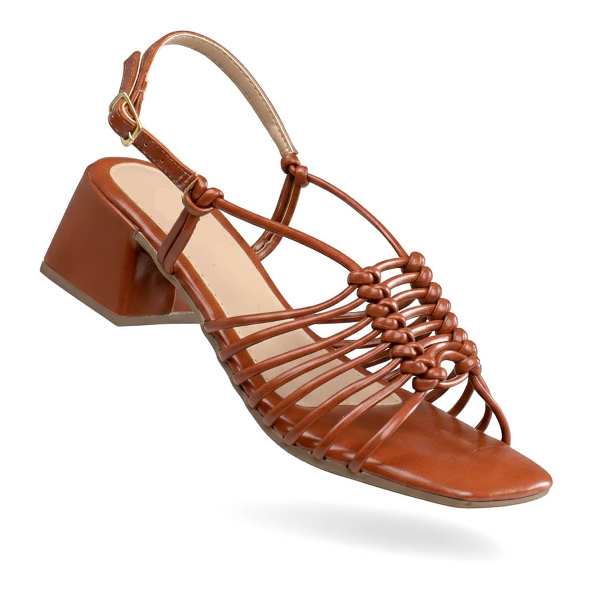 Sandália Feminina Salto Bloco Médio Tiras em Nó e Fivela Caramelo