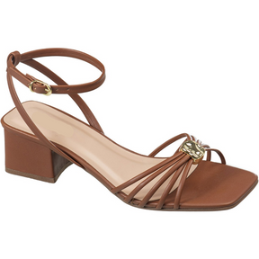 Sandália Feminina Salto Bloco Médio com Tiras Fivela Enfeite Metal Caramelo