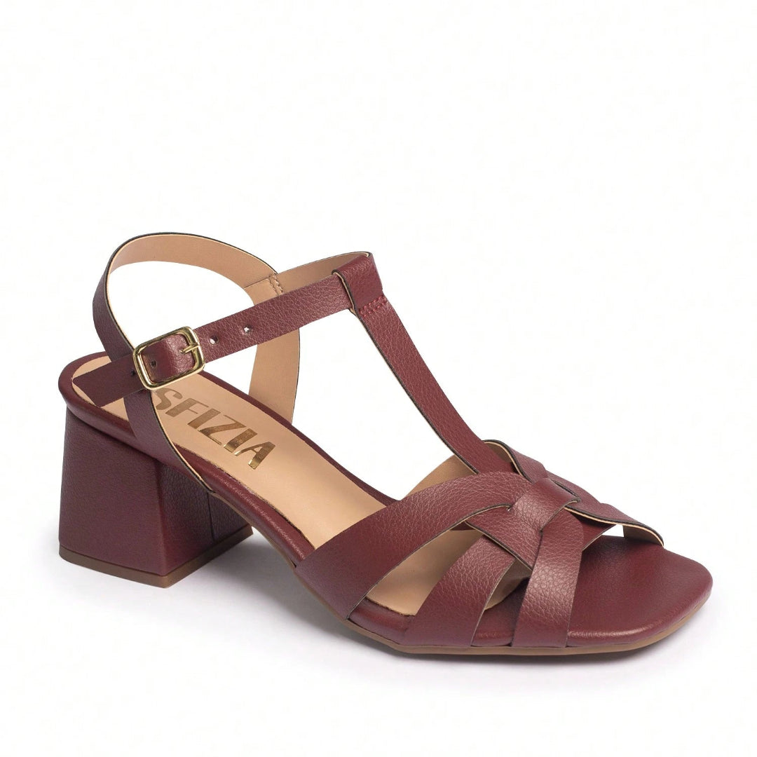 Sandália Feminina Salto Bloco Médio e Tira Regulável Vinho
