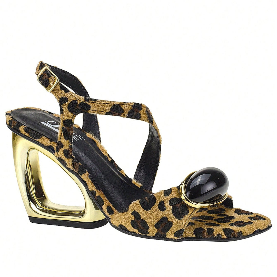 Sandália Feminina Salto Estilizado Metálico com Enfeite Animal Print