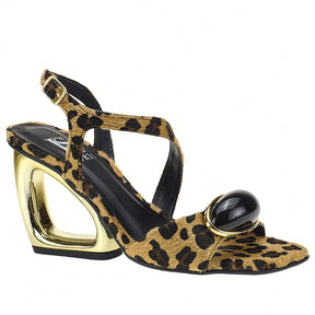 Sandália Feminina Salto Estilizado Metálico com Enfeite Animal Print