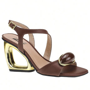 Sandália Feminina Salto Estilizado Metálico com Enfeite Marrom 
