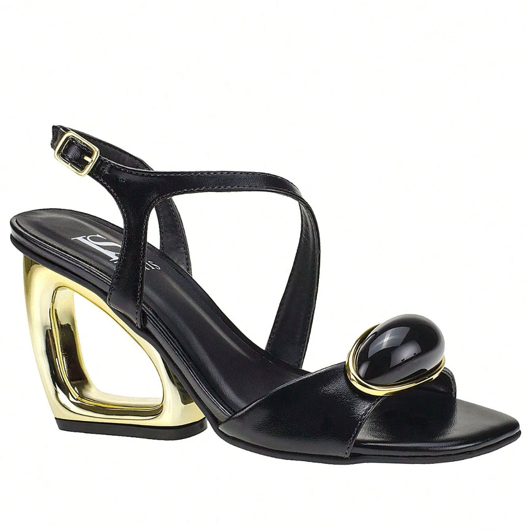 Sandália Feminina Salto Estilizado Metálico com Enfeite Preto