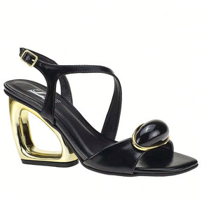 Sandália Feminina Salto Estilizado Metálico com Enfeite Preto