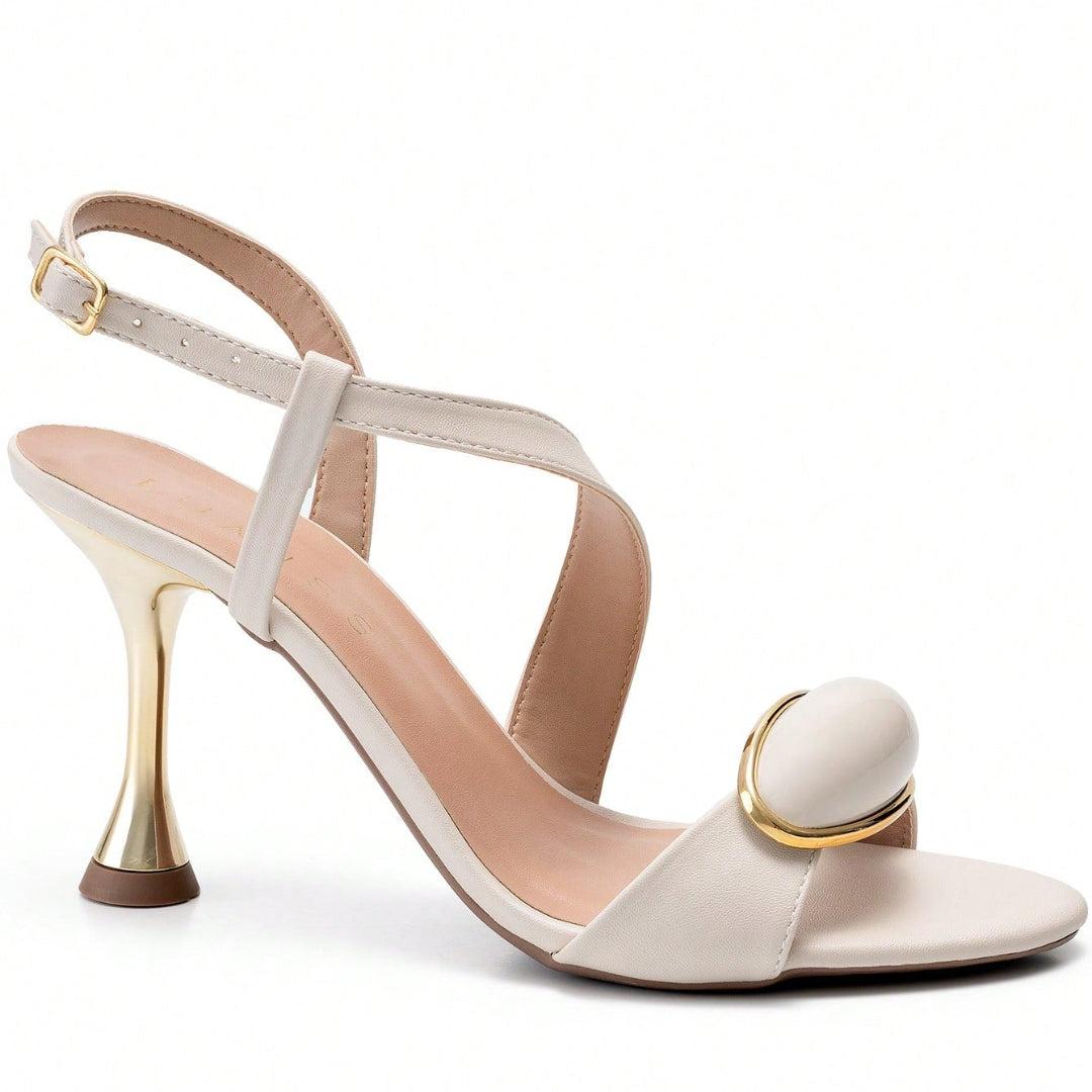 Sandália Feminina Salto Fino Alto Metalizado com Enfeite Frontal Branca