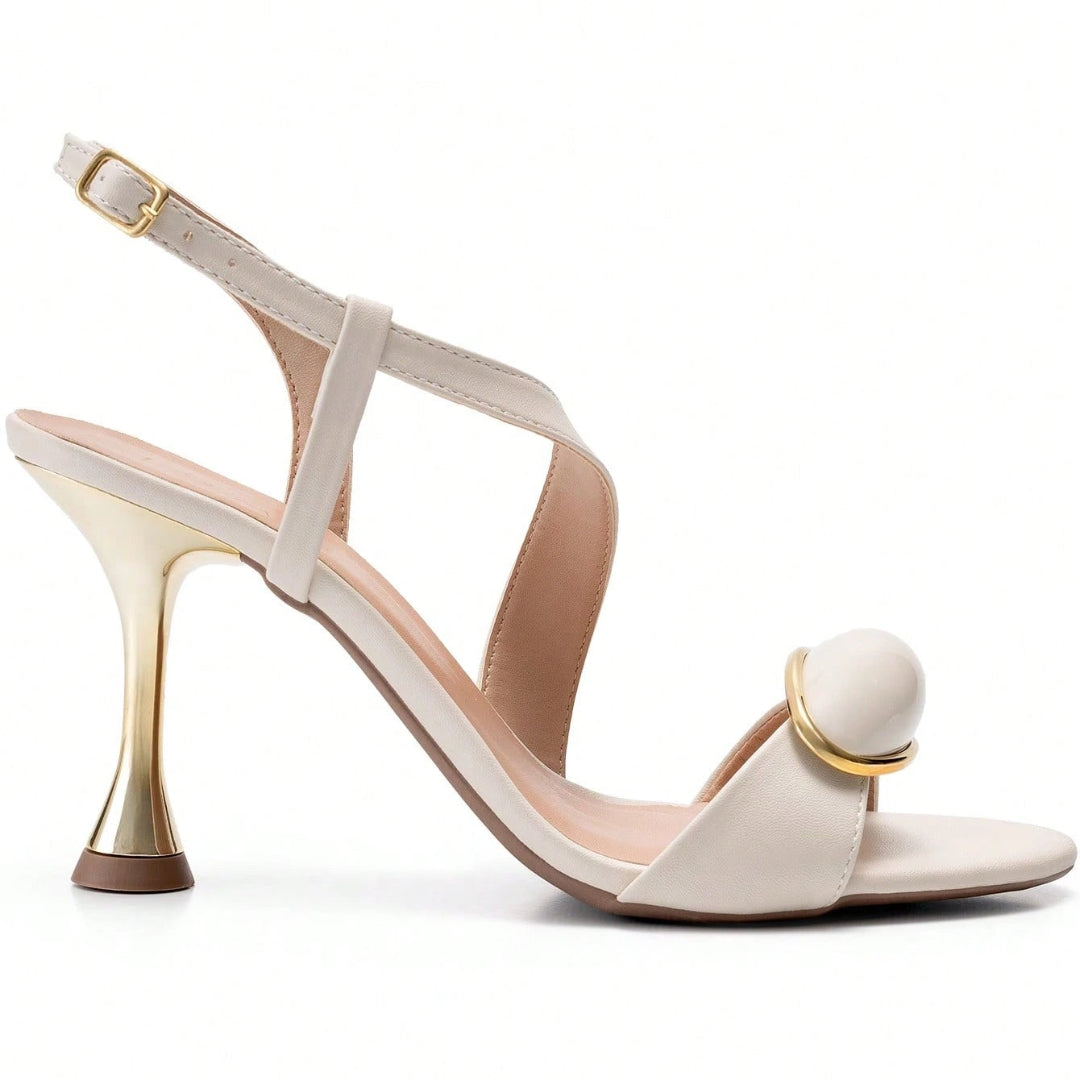 Sandália Feminina Salto Fino Alto Metalizado com Enfeite Frontal Branca