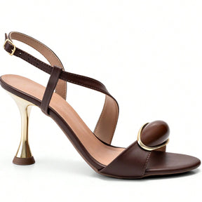 Sandália Feminina Salto Fino Alto Metalizado com Enfeite Frontal Marrom