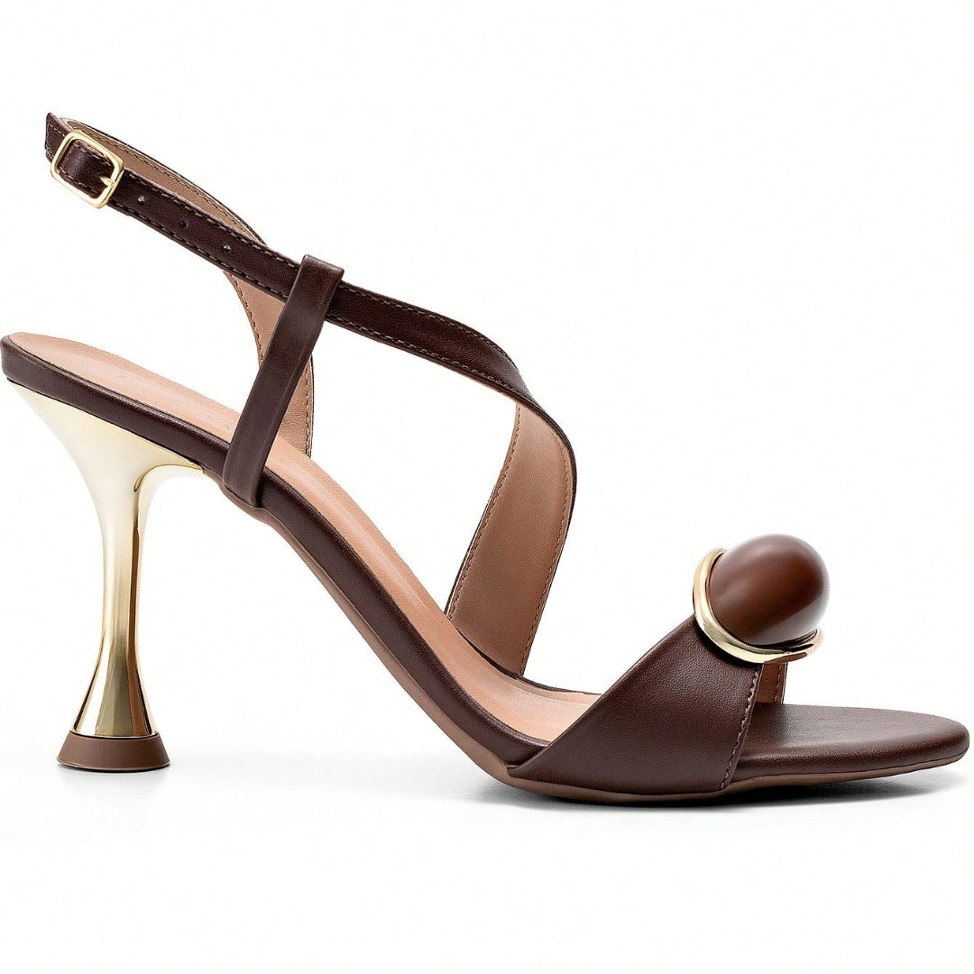 Sandália Feminina Salto Fino Alto Metalizado com Enfeite Frontal Marrom
