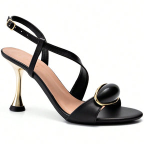 Sandália Feminina Salto Fino Alto Metalizado com Enfeite Frontal Preta