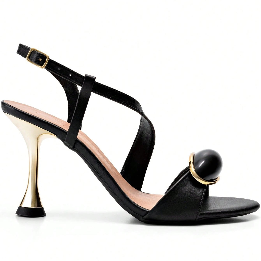 Sandália Feminina Salto Fino Alto Metalizado com Enfeite Frontal Preta
